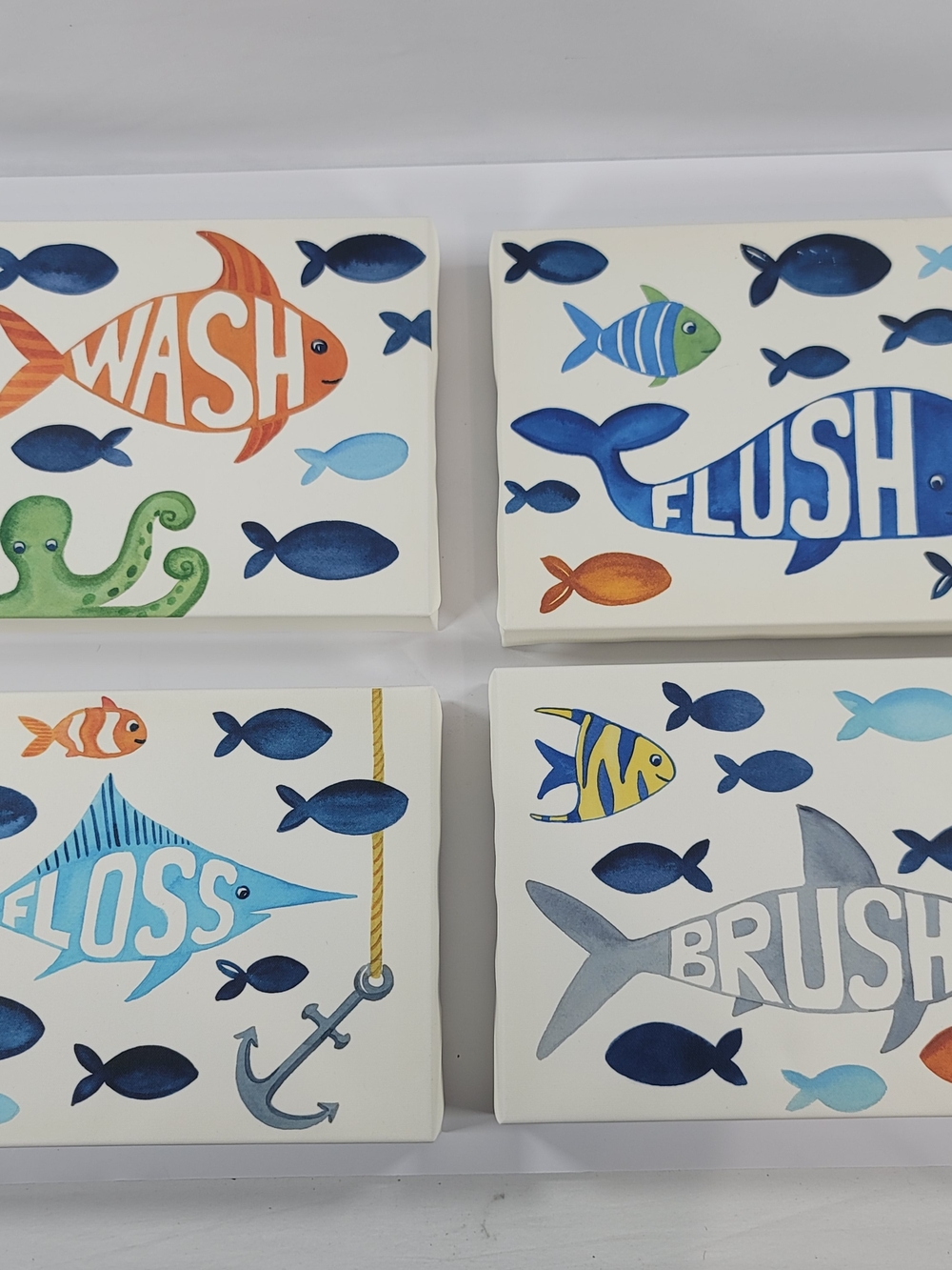 Fish Bathroom Art Prints Set Of 4 Shark Whale Watercolor Style Canvas